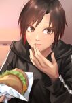  1girl :p black_hoodie brown_eyes brown_hair burger food gradient_hair hand_to_own_mouth highres holding holding_food hood hood_down hoodie kilye_kairi licking licking_finger long_sleeves looking_at_viewer multicolored_hair original red_hair short_hair smile solo tongue tongue_out upper_body 