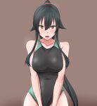  1girl absurdres black_hair black_one-piece_swimsuit blush breasts competition_swimsuit embarrassed highres kamaboko_senshi kantai_collection large_breasts long_hair looking_at_viewer one-piece_swimsuit open_mouth ponytail red_eyes solo swimsuit very_long_hair yahagi_(kancolle) 
