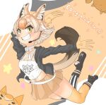  1girl animal_ears belt blonde_hair boots camisole coyopotato coyote_(kemono_friends) extra_ears full_body gloves jacket kemono_friends kemono_friends_v_project looking_at_viewer microphone orange_ardy1203 orange_background short_hair simple_background skirt tail thighhighs virtual_youtuber wolf_ears wolf_girl wolf_tail yellow_eyes 