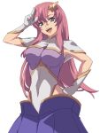  1girl armpits blue_eyes breasts chiharu_(9654784) covered_navel floating_hair gloves gundam gundam_seed gundam_seed_destiny hair_ornament highres large_breasts long_hair meer_campbell open_mouth parted_bangs pink_hair simple_background smile solo star_(symbol) upper_body white_background white_gloves 
