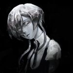 1other androgynous black_necktie closed_mouth crystal_hair eyelashes gem_uniform_(houseki_no_kuni) ghost_quartz_(houseki_no_kuni) hair_over_one_eye highres houseki_no_kuni looking_at_viewer looking_to_the_side mapomap0 monochrome necktie other_focus short_hair short_hair_with_long_locks simple_background solo upper_body 