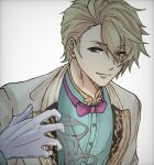 1boy ahoge aladdin_(sinoalice) blonde_hair blue_eyes bow bowtie closed_mouth collared_shirt eyebrows_visible_through_hair formal gloves male_focus shirt short_hair simple_background sinoalice sketch smile solo white_background white_gloves y_o_u_m_a 