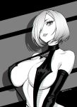  1girl 2b_(nier:automata) artist_name bare_shoulders brassica breasts detached_sleeves eyelashes greyscale hair_over_one_eye highres large_breasts lips monochrome nier:automata nier_(series) parted_lips photo-referenced shadow short_hair slingshot_swimsuit solo star_(symbol) star_in_eye strap_gap swimsuit symbol_in_eye two-tone_background upper_body 