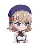  1girl azur_lane bare_shoulders beret blue_headwear blush bow breasts brown_hair closed_mouth commentary_request cross hair_bow hat hat_bow highres iron_cross looking_at_viewer medium_breasts purple_eyes rock_zinc simple_background solo striped_bow upper_body white_background white_bow z23_(azur_lane) 