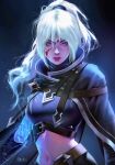  1girl blood blood_on_face blue_cloak breasts cloak closed_mouth colored_skin dota_(series) dota_2 drow_ranger_(dota) english_commentary lips long_hair looking_at_viewer midriff navel pink_eyes pink_skin ponytail purple_lips razaras signature solo stomach white_hair 