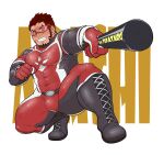  1boy absurdres akashi_(live_a_hero) bara baseball_bat bodysuit bulge facial_hair full_body goatee grin highres holding holding_baseball_bat large_pectorals live_a_hero long_sideburns looking_at_viewer male_focus muscular muscular_male outstretched_arm pectorals red_bodysuit red_eyes red_hair scar scar_on_face scar_on_nose short_hair sideburns smile solo squatting strongman_waist thick_eyebrows thick_thighs thighs tunataro_(27taro1) 