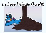 absurd_res anthro bedroom_eyes blue_body blue_fur candy canid canine canis chocolate chocolate_sauce dark_chocolate dessert food french french_text fur generation_3_pokemon head_tuft hi_res hybrid le_fishe lying male mammal melted_chocolate meme messy narrowed_eyes nintendo orange_eyes orange_nose pokemon pokemon_(species) pouring_liquid purple_scarf relaxing scarf seductive smug smug_face solo stormiehills swampert swolfpert text tuft wolf xevy