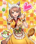  1girl absurdres alternate_costume animal_ears blush breasts brown_eyes brown_hair commentary_request dango food hair_ornament heart highres hositoki3129 looking_at_another looking_at_viewer maid maid_headdress medium_breasts solo sweets taiyaki umamusume valentine wa_maid wagashi yukino_bijin_(umamusume) 