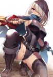  1girl armpits bangs belt black_belt blue_cape boots breasts cape covered_navel dual_wielding fingerless_gloves from_below gloves god_eater god_eater_3 ground hair_over_one_eye high_heel_boots high_heels high_ponytail highleg highleg_leotard holding holding_weapon large_breasts leotard pink_eyes player_(god_eater_3) ponytail squatting thick_thighs thighhighs thighs weapon white_background wrist_cuffs xe_(execut3r) zipper_pull_tab 