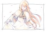  1girl black_border border capelet closed_eyes cross cross_necklace dress falling_petals holding holding_clothes holding_dress jewelry long_hair michibata_65 necklace open_mouth orange_hair petals simple_background smile solo sophia_(xenogears) white_capelet white_dress xenogears 