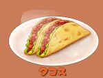  beans clip_studio_paint_(medium) food food_focus highres kaneko_ryou lettuce no_humans orange_background original plate simple_background still_life taco 