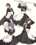  4girls alternate_costume apron bernadetta_von_varley brown_hair dorothea_arnault edelgard_von_hresvelg fire_emblem fire_emblem:_three_houses hands_on_own_hips highres maid_apron maid_headdress mop multiple_girls nanao_parakeet petra_macneary purple_hair tray white_hair 