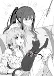  2girls absurdres animal_on_lap blush cat cat_on_lap cat_teaser closed_mouth commentary_request couch flower_(symbol) greyscale highres holding holding_toy indoors inoue_takina joker_(jjjokerrr233) long_hair lycoris_recoil monochrome multiple_girls nishikigi_chisato off-shoulder_shirt off_shoulder on_couch on_lap open_mouth ponytail shirt short_twintails toy twintails 