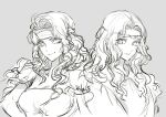  2girls armor brigid_(fire_emblem) circlet closed_mouth edain_(fire_emblem) fire_emblem fire_emblem:_genealogy_of_the_holy_war greyscale headband monochrome multiple_girls shoulder_armor siblings signature simple_background sisters suzuki_rika twins upper_body wavy_hair 