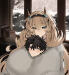  1boy 1girl absurdres barghest_(fate) between_breasts black_hair blonde_hair blush breasts fate/grand_order fate_(series) fujimaru_ritsuka_(male) grey_sweater highres huge_breasts long_hair obazzotto shared_clothes short_hair smile sweater 