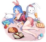  1girl ark_order artist_request asa_no_ha_(pattern) bare_legs blue_hair bow bow_hairband bra breasts dagger feet floral_print hairband hexagon kinomata_no_kami_(ark_order) knife legs looking_at_viewer lying official_art on_side orange_bow pillow pink_bow pink_hairband pink_scrunchie pink_shirt pink_shorts plaid_pillow scrunchie seigaiha sheath shirt short_shorts shorts sidelocks solo stuffed_animal stuffed_bird stuffed_bunny stuffed_toy tachi-e toenails transparent_background underwear unmoving_pattern unsheathing weapon white_bra wide_sleeves yellow_eyes 