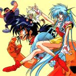  1990s_(style) 2boys 2girls absurdly_long_hair armor black_hair blue_eyes blue_hair breastplate claws fang feathered_wings fingerless_gloves flower gloves green_hair ko_seiki_beast_sanjuushi light_blue_hair long_hair looking_at_viewer mei_mer miniskirt multiple_boys multiple_girls non-web_source one_eye_closed open_mouth orange_gloves pink_gloves ponytail red_flower retro_artstyle simple_background skirt thick_eyebrows very_long_hair wan_derbard white_wings wings yellow_background yellow_skirt 