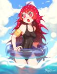  1girl bangs black_swimsuit blue_sky blush breasts bright_pupils cloud cloudy_sky covered_navel cowboy_shot dated flaky_(happy_tree_friends) happy_tree_friends highres innertube long_hair mary_felizola medium_breasts one-piece_swimsuit open_mouth personification red_eyes red_hair signature sky solo swimsuit very_long_hair water white_pupils 