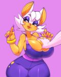 anthro big_breasts blush breast_grab breasts butt clothed clothing digital_media_(artwork) female fur hair hand_on_breast hi_res legwear rouge_the_bat sega simple_background skiddioop smile solo sonic_the_hedgehog_(series) thick_thighs thigh_highs wide_hips