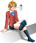  1girl bad_source black_socks blue_ribbon blush brown_eyes brown_hair feet flat_chest foot_focus futari_wa_precure hands_on_floor kneehighs looking_at_viewer misumi_nagisa mokkouyou_bond orange_hair precure ribbon school_uniform shiny_skin short_hair sitting sitting_on_stairs skirt smile socks solo speech_bubble stairs sweat toes 