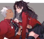  1boy 1girl archer_(fate) bangs black_hair black_legwear black_ribbon black_skirt commentary_request dark-skinned_male dark_skin eye_contact fate/stay_night fate_(series) from_side girl_on_top grey_background hair_ribbon highres long_hair long_sleeves looking_at_another miniskirt open_mouth pleated_skirt red_shirt ribbon shimatori_(sanyyyy) shirt skirt thighhighs tohsaka_rin two-tone_background two_side_up white_background white_hair zettai_ryouiki 