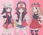  3girls bag baseball_cap beanie black_hair black_shirt black_vest black_wristband blush boots bracelet brown_hair character_name closed_mouth collared_shirt commentary_request dawn_(pokemon) duffel_bag eyewear_on_headwear grey_eyes hair_ornament hairclip hand_on_own_hip handbag hands_on_own_hips hat highres hilda_(pokemon) jewelry knees korean_commentary long_hair low-tied_long_hair memoji_7672 multiple_girls open_clothes open_vest pink_bag pink_footwear pink_headwear pink_skirt pleated_skirt pokemon pokemon_bw pokemon_dppt pokemon_xy red_skirt scarf serena_(pokemon) shirt shorts shoulder_bag sidelocks skirt sleeveless sleeveless_shirt smile sunglasses thighhighs vest white_headwear xtransceiver yellow_bag 