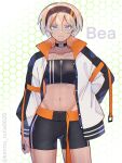  1girl abs alternate_costume arm_at_side bea_(pokemon) belt bike_shorts black_choker blonde_hair buttons character_name choker closed_mouth collarbone commentary cowboy_shot eyelashes grey_eyes hairband highres jacket kana_(kanna_runa0620) looking_at_viewer midriff navel open_clothes open_jacket orange_belt pokemon pokemon_swsh short_hair solo twitter_username zipper zipper_pull_tab 