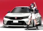  1girl \m/ belt black_belt black_footwear black_hair boots car cherry_bomb_(love_live!) commentary gradient_background grey_eyes grey_jacket hair_between_eyes hand_up highres honda honda_civic honda_civic_type_r jacket long_hair looking_at_viewer love_live! love_live!_nijigasaki_high_school_idol_club motor_vehicle multicolored_clothes multicolored_jacket open_mouth plaid plaid_jacket ponytail red_background short_sleeves solo standing white_background white_jacket yohakichi yuuki_setsuna_(love_live!) 