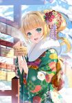  1girl bare_tree blonde_hair blurry blurry_foreground day ema floral_print green_eyes green_kimono hair_intakes hair_ornament highres holding japanese_clothes kanzashi kimono koyama_sao long_hair looking_at_viewer manicure nail_art nail_polish nengajou new_year open_mouth original outdoors print_kimono side_ponytail smile snow snowing solo teeth torii tree upper_body upper_teeth_only wide_sleeves 