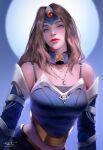  1girl bare_shoulders blue_dress blue_sleeves breasts brown_hair circlet crescent detached_sleeves dota_(series) dota_2 dress english_commentary grey_eyes jewelry lips mirana_(dota) moon necklace night night_sky outdoors razaras sky solo 