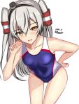  1girl amatsukaze_(kancolle) ass_visible_through_thighs breasts brown_eyes collarbone competition_swimsuit covered_navel cowboy_shot dated grey_hair hair_tubes hairband hat highres kantai_collection long_hair looking_at_viewer mini_hat montemasa one-hour_drawing_challenge one-piece_swimsuit open_mouth purple_one-piece_swimsuit small_breasts smile smokestack_hair_ornament solo swimsuit twitter_username two-tone_swimsuit two_side_up white_background white_one-piece_swimsuit 