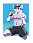 absurd_res anthro beach clothing container cup deer drinking_glass eyewear eyewear_on_head facial_piercing gesture glass glass_container glass_cup hi_res male mammal moredeer nose_piercing nose_ring piercing ring_piercing seaside solo sunglasses sunglasses_on_head swimwear v_sign zairuz