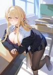  1girl azur_lane black_choker black_footwear black_jacket black_pantyhose black_skirt blonde_hair blush bra breast_rest breasts breasts_on_table character_request choker classroom cleavage closed_mouth collared_shirt commentary_request day desk drive_shot earrings hair_between_eyes hair_ornament heart_pendant highres indoors jacket jewelry large_breasts leaning_forward long_hair looking_at_viewer one_side_up open_clothes open_jacket open_shirt pantyhose pendant purple_bra purple_eyes school_desk school_uniform shirt sidelocks skirt solo standing underwear white_shirt wing_collar 