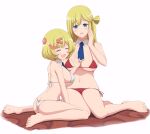  2girls @_@ absurdres bikini blonde_hair blue_eyes blue_necktie blush breasts butt_crack closed_eyes enome esyne futoku_no_guild groin hair_between_eyes hair_bun hand_on_own_face highres huge_breasts ishida_seito kanji_hair_ornament large_breasts long_hair looking_at_viewer micro_bikini mother_and_daughter multiple_girls navel necktie open_mouth oppai_loli red_bikini seiza shiny_skin short_hair simple_background sitting smile soles swimsuit toes white_background white_bikini yokozuwari 