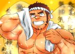  1boy ^_^ akashi_(live_a_hero) bara closed_eyes doro_rich facial_hair facing_viewer goatee grin hachimaki headband live_a_hero long_sideburns male_focus muscular muscular_male nipples paid_reward_available pectorals red_eyes red_hair scar scar_on_face scar_on_nose short_hair sideburns smile solo sparkling_sweat tan tanlines thick_eyebrows upper_body wiping_sweat yellow_background 