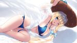  1girl ;o alice_zuberg arms_up bangs bare_legs beach bikini blonde_hair blue_bikini blue_eyes blue_ribbon blush breasts cait_aron cleavage commentary eyebrows_visible_through_hair hairband hat highres holding large_breasts long_hair looking_at_viewer lying navel on_side one_eye_closed open_mouth ribbon sand see-through shirt side-tie_bikini solo straw_hat swimsuit swimsuit_under_clothes sword_art_online very_long_hair white_hairband 