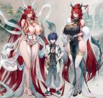  1boy 2girls absurdres been black_footwear blue_hair breasts china_dress chinese_clothes coat collar dragon_girl dragon_horns dragon_print dragon_tail dress elesis_(elsword) elsword folding_fan full_body hair_over_one_eye hand_fan highres holding holding_fan horns huge_breasts long_hair metal_collar multiple_girls nipples no_shoes orange_eyes pants pelvic_curtain red_hair red_ribbon ribbon shiny_skin shoes short_hair sideboob skindentation solo tail thighhighs toenails toes very_long_hair white_coat white_thighhighs wide_hips yellow_eyes 