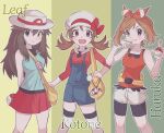  3girls bag bike_shorts bike_shorts_under_shorts bow_hairband brown_eyes brown_hair character_name closed_mouth commentary_request eyelashes fanny_pack green_shirt hair_flaps hairband hands_up hat highres holding holding_poke_ball korean_commentary leaf_(pokemon) long_hair lyra_(pokemon) may_(pokemon) memoji_7672 multiple_girls overalls pleated_skirt poke_ball poke_ball_(basic) pokemon pokemon_frlg pokemon_hgss pokemon_oras red_shirt red_skirt shirt shorts shoulder_bag sidelocks skirt sleeveless sleeveless_shirt smile twintails vs_seeker white_headwear white_shorts yellow_bag 
