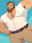  1boy armpit_hair bara beard belt biceps black_belt blue_eyes brown_pants destroyer_(ni_no_kuni) dogoronumber3 english_commentary facial_hair hand_on_own_hip highres male_focus muscular muscular_male ni_no_kuni:_cross_worlds one_eye_closed pants pectoral_cleavage pectorals shirt smile sparse_chest_hair white_shirt 