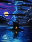  acrylic_paint_(medium) artist_name blue_theme cave cloud commentary english_commentary flookart full_moon highres horizon island landscape light lightning mesa moon night night_sky no_humans ocean original outdoors painting_(medium) scenery signature sky traditional_media tree water 