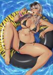  1girl ac_butsupa bare_arms bare_legs bare_shoulders barefoot bikini black_bikini blonde_hair blush bracelet breasts cameltoe covered_nipples dark_skin dripping earrings eating eyewear_on_head food food_in_mouth gyaru hair_ornament highres holding holding_food jewelry large_breasts long_hair looking_at_viewer melting micro_bikini nail_polish navel navel_piercing necklace original piercing pool popsicle saliva sexually_suggestive solo spread_legs string_bikini sunglasses swimsuit thong_bikini toenail_polish toenails tongue tongue_out untying water 