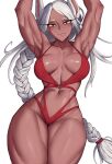  1girl abs animal_ears armpits arms_up boku_no_hero_academia braid braided_ponytail breasts collarbone dark-skinned_female dark_skin highleg highleg_swimsuit highres large_breasts long_eyelashes long_hair looking_at_viewer mirko navel o-ring o-ring_swimsuit one-piece_swimsuit parted_bangs rabbit_ears rabbit_girl red_eyes red_one-piece_swimsuit shadertoons smile solo stomach swimsuit thick_thighs thighs toned very_long_hair white_background white_hair 