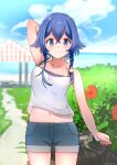  1girl absurdres arm_up artist_name bitween0908 blue_eyes blue_sky blurry blurry_background braid cloud day flower hair_between_eyes hair_ornament highres looking_at_viewer midriff misakino_kukuru navel outdoors path pavilion shiroi_suna_no_aquatope shirt shorts sky smile solo white_shirt 