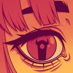  1boy 1girl bags_under_eyes close-up cryptidhermit english_commentary eye_focus eyebrows_hidden_by_hair eyelashes highres limited_palette long_eyelashes onodera_punpun oyasumi_punpun red_eyes rubbing_eyes tanaka_aiko thick_eyebrows 