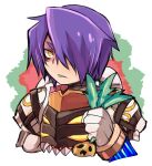  1boy armor bangs commentary_request cropped_torso emon-yu genetic_(ragnarok_online) hair_between_eyes hair_over_one_eye holding living_clothes looking_at_viewer male_focus parted_lips pauldrons purple_hair ragnarok_online sharp_teeth short_hair shoulder_armor solo teeth upper_body white_background yellow_eyes 