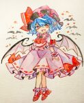  1girl ascot bat_(animal) blue_hair bow brooch dress fangs frilled_socks frills full_body hat jewelry key747h looking_at_viewer mary_janes mob_cap open_mouth painting_(medium) pink_dress pink_headwear pink_socks red_ascot red_bow red_eyes red_footwear red_ribbon remilia_scarlet ribbon ribbon-trimmed_dress shoes short_hair short_sleeves simple_background smile socks solo standing touhou traditional_media watercolor_(medium) white_background wings wrist_cuffs 
