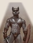 2023 abs anthro black_nose bottomwear canid canine canis clothed clothing fur gloves grey_body grey_fur handwear hi_res humanoid_hands loincloth male mammal marsonaut melee_weapon muscular muscular_anthro muscular_male navel nipples pubes shield signature solo sword topless topless_anthro topless_male weapon wolf