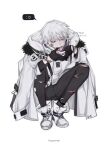  1boy absurdres black_gloves blood blood_on_mouth carriann000 full_body gloves highres jacket male_focus original solo squatting white_footwear white_hair white_jacket 