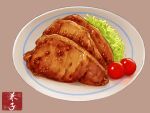  food food_focus highres kaneko_ryou meat no_humans original plate pork simple_background still_life tomato vegetable 