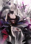  1girl absurdres bare_shoulders black_dress black_gloves breasts chair cleavage detached_collar dress fate/grand_order fate_(series) gloves hair_ornament half_gloves highres large_breasts long_hair looking_at_viewer marie_antoinette_(alter)_(fate) marie_antoinette_(fate) no-kan off_shoulder pale_skin see-through see-through_skirt side_ponytail sitting skirt smile solo sword very_long_hair weapon white_hair yellow_eyes 
